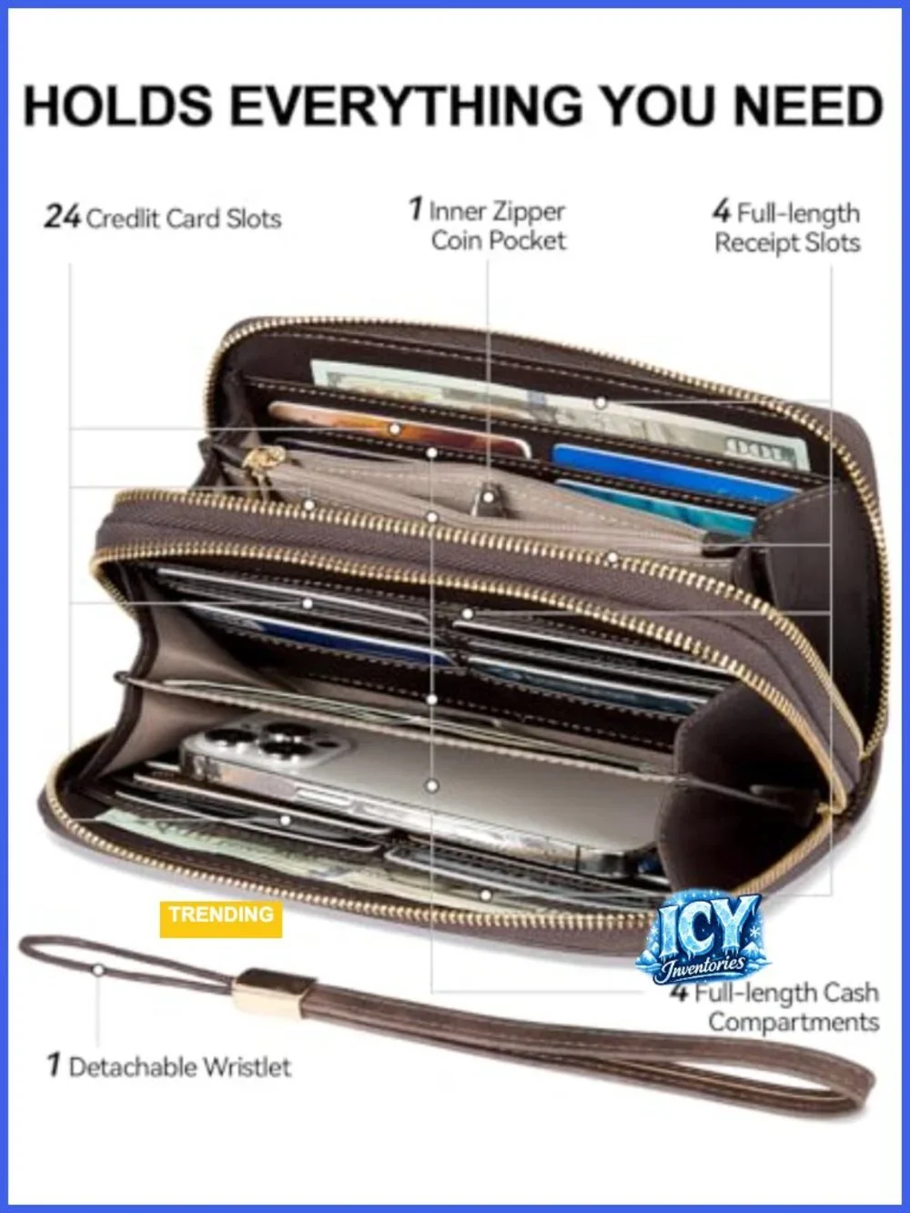 Vegan Leather RFID Wristlet Wallet Clutch 24 Card Slots 2 Zipper Pockets
